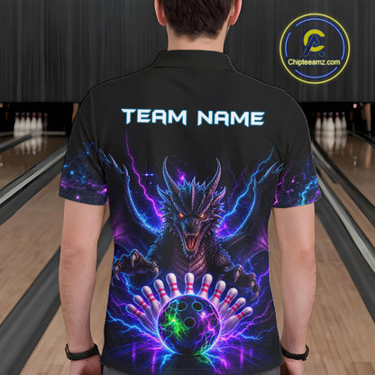 Back view of man wearing a neon dragon bowling polo shirt inside a bowling alley.