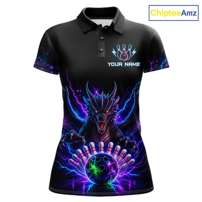 Neon dragon bowling polo shirt for women with custom bowling team graphics.
