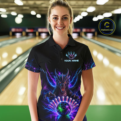 Woman wearing a neon dragon bowling polo shirt at a bowling alley front view.