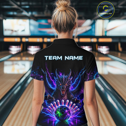 Back view of woman wearing a neon dragon bowling polo shirt inside a bowling alley.
