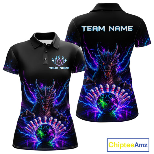 Neon dragon bowling polo shirt for women with custom bowling team graphics.