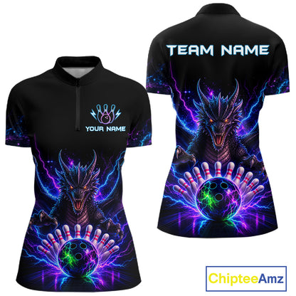 Neon dragon bowling quarter zip shirt for women designed for league tournaments and team events.