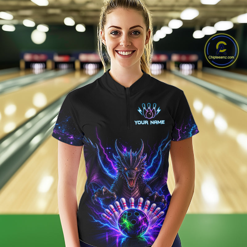 Woman wearing a neon dragon bowling quarter zip jersey during league competition front view.