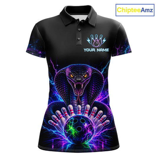 Neon cobra bowling polo shirt for women with custom bowling team graphics.