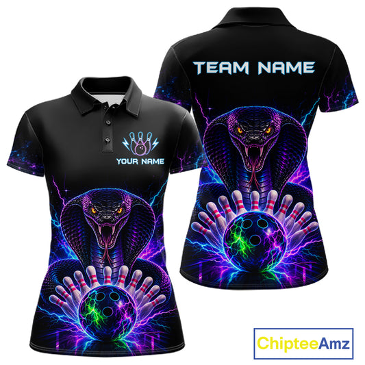Neon cobra bowling polo shirt for women with custom bowling team graphics.