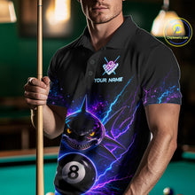 Load image into Gallery viewer, Man wearing a neon shark 8 ball billiard jersey beside a pool table front view.