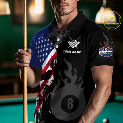 Grunge American Flag Skull 8 Ball Pool Custom Men Billiard Shirts, Patriotic Billiard Team Jerseys  TDM3249