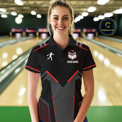Personalized Bowling Jersey For Women Custom Black And Red Bowling Team Shirt Polo & 1/4 Zip TDM6116