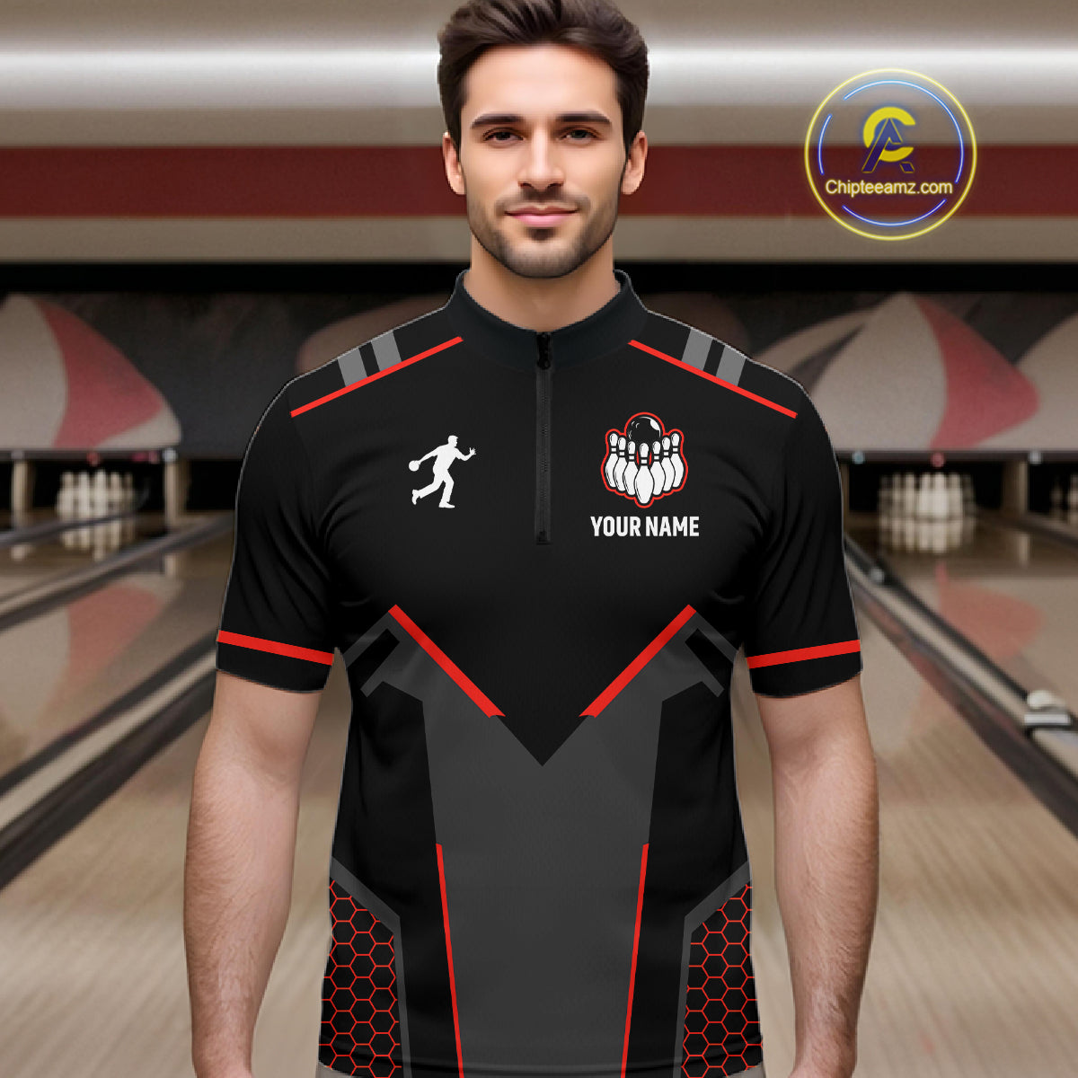 Personalized Bowling Jersey For Men Custom Black And Red Bowling Team Shirt Polo & 1/4 Zip TDM6116