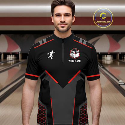 Personalized Bowling Jersey For Men Custom Black And Red Bowling Team Shirt Polo & 1/4 Zip TDM6116