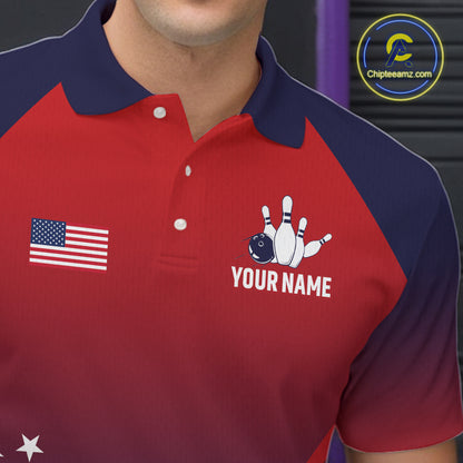 American Flag Bowling Jersey For Men, Custom Patriotic Bowling League Team Shirts Polo & 1/4 Zip TDM6544