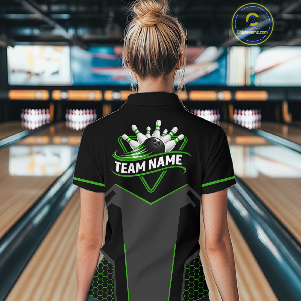Personalized Bowling Jersey For Women, Custom Black And Green Bowling Team Shirt Polo & 1/4 Zip TDM6546