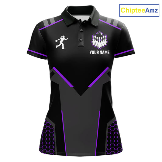 Personalized Bowling Jersey For Women, Custom Black And Purple Bowling Team Shirt Polo & 1/4 Zip TDM6547