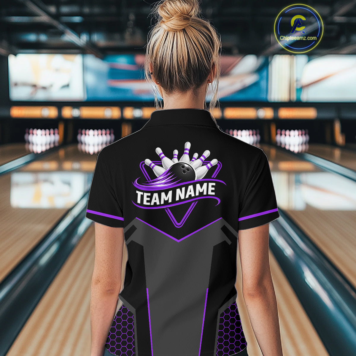 Personalized Bowling Jersey For Women, Custom Black And Purple Bowling Team Shirt Polo & 1/4 Zip TDM6547