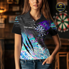 Load image into Gallery viewer, Woman wearing custom holographic dartboard eagle darts team jersey polo shirt featuring holographic eagle dartboard artwork, front view.