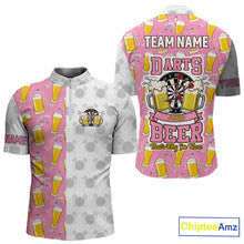 Load image into Gallery viewer, Pink and white darts and beer darts quarter zip shirt for men designed for league tournaments and team events.
