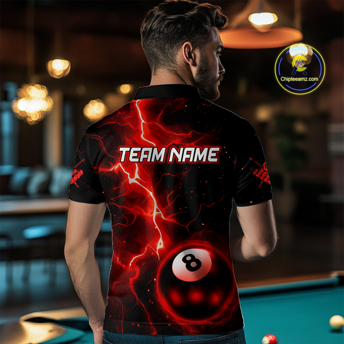Red And Black 8 Ball Striking Thunder Lightning Billiard Shirt For Men Custom Pool Team Jerseys TDM4388