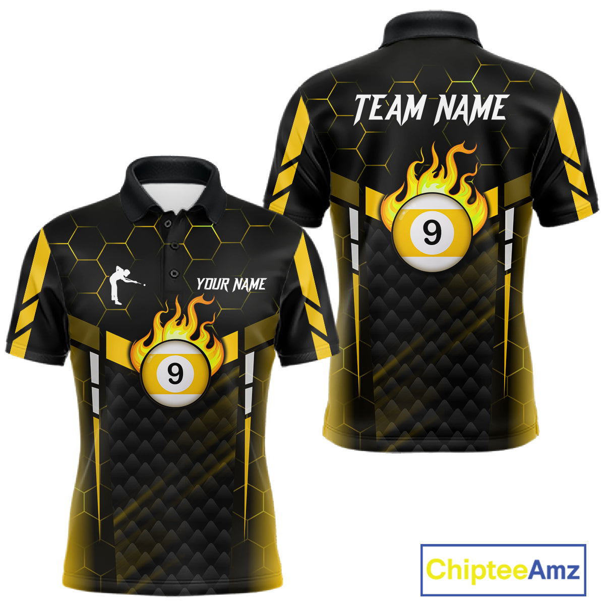 Personalized Yellow 9 Ball Flame Billiard Polo & Quarter Zip For Men, 9 Ball Pool Team Jersey TDM6127