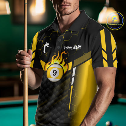 Personalized Yellow 9 Ball Flame Billiard Polo & Quarter Zip For Men, 9 Ball Pool Team Jersey TDM6127