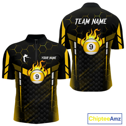 Personalized Yellow 9 Ball Flame Billiard Polo & Quarter Zip For Men, 9 Ball Pool Team Jersey TDM6127