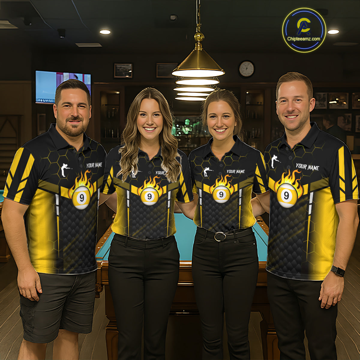 Personalized Yellow 9 Ball Flame Billiard Polo & Quarter Zip For Men, 9 Ball Pool Team Jersey TDM6127