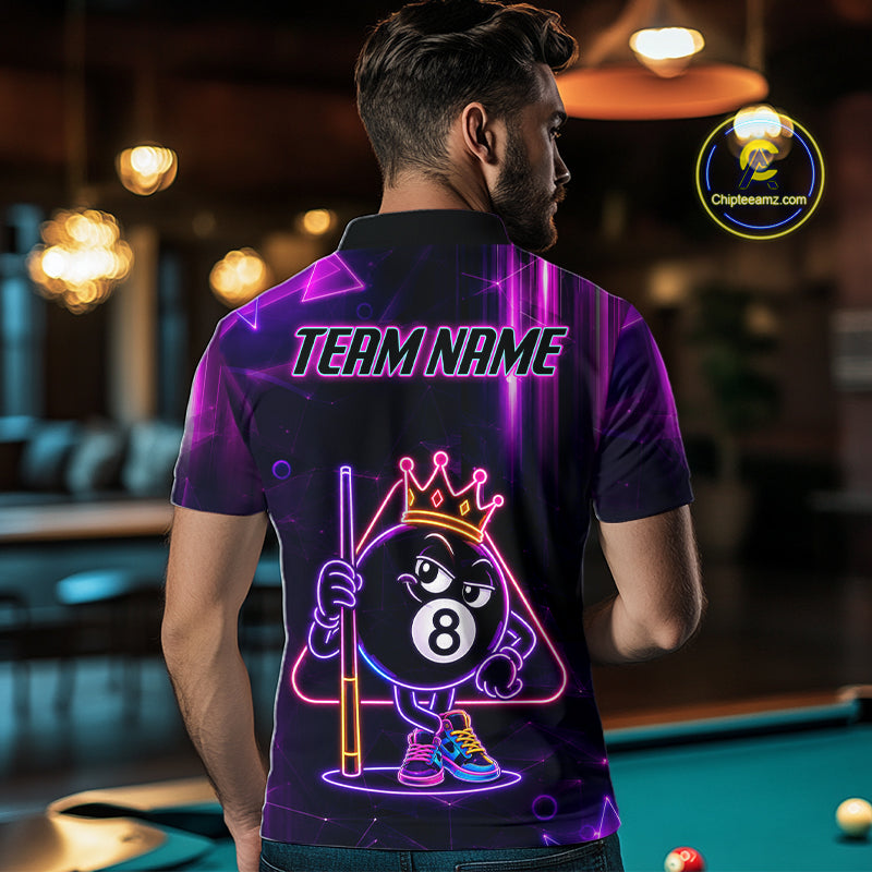 Man Wearing Purple Funny Neon 8 Ball Custom Billiard League Team Jersey Featuring the Complete Rear Neon Artwork, Back View