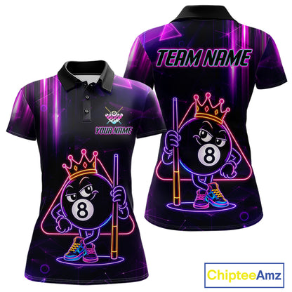 Custom Purple Funny Neon 8 Ball Pool Polo Shirt Designed for Billiard League Teams with Eye Catching Graphics and Premium Athletic Performance Style