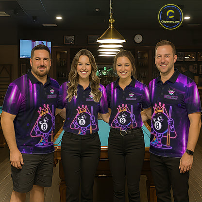 Pool Team Wearing Purple Funny Neon 8 Ball Billiard Jerseys During League Matches and Tournament Competition, Front View