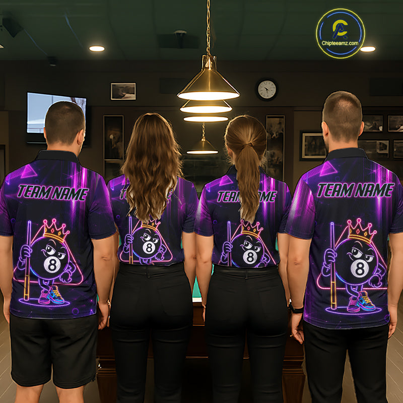 Pool Team Wearing Purple Funny Neon 8 Ball Custom Billiard League Jerseys Featuring the Complete Back Artwork, Back View