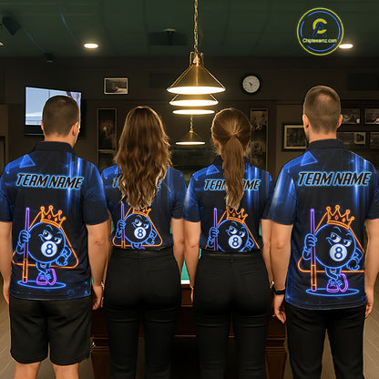Pool Team Wearing Personalized Blue Funny Neon 8 Ball Custom Billiard Team Jerseys Featuring the Full Back Graphic Design, Back View