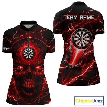 Personalized Red Darts Skull Shirt For Women Custom Polo & 1/4 Zip Lightning Thunder Darts Jersey TDM4621