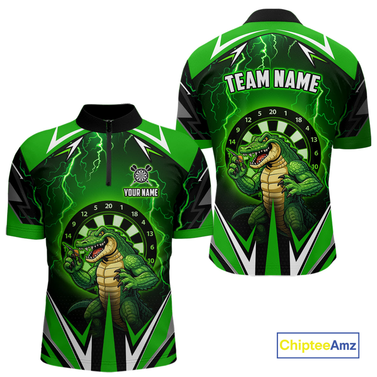 Green Funny Alligator Darts Shirt For Men Custom Lightning Darts Team Jersey Polo & 1/4 Zip TDM5966