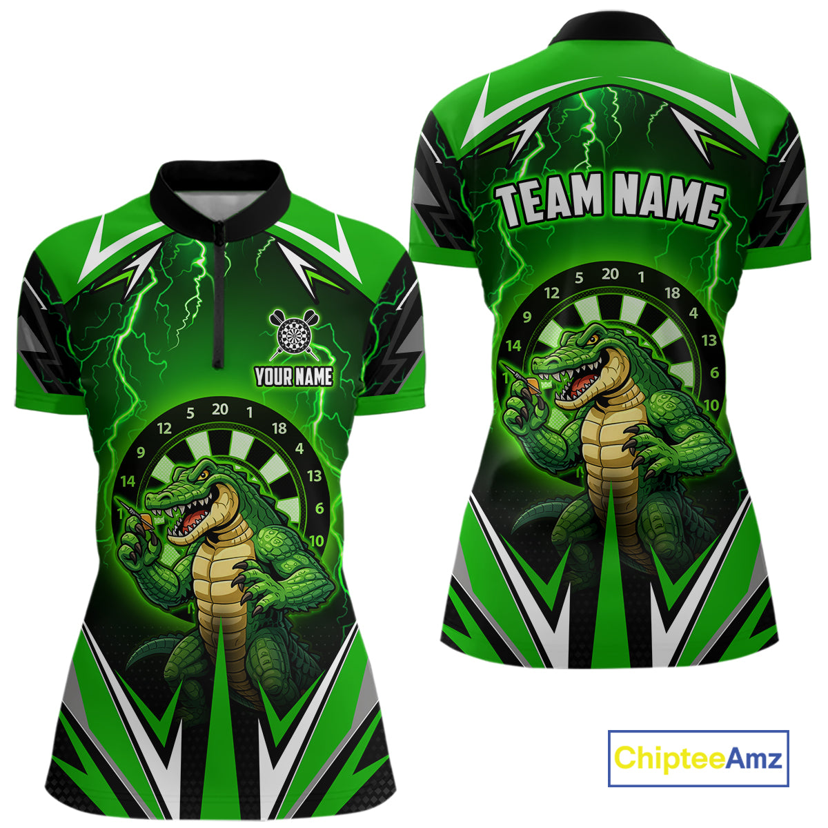 Green Funny Alligator Darts Shirt For Women Custom Lightning Darts Team Jersey Polo & 1/4 Zip TDM5966
