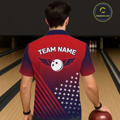 American Flag Hawaiian Bowling Shirt For Men Women Custom Patriotic Bowling Team Jersey |Red TDM5970