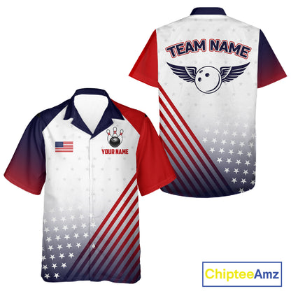 American Flag Hawaiian Bowling Shirt For Men Women Custom Patriotic Bowling Team Jersey |White TDM5971