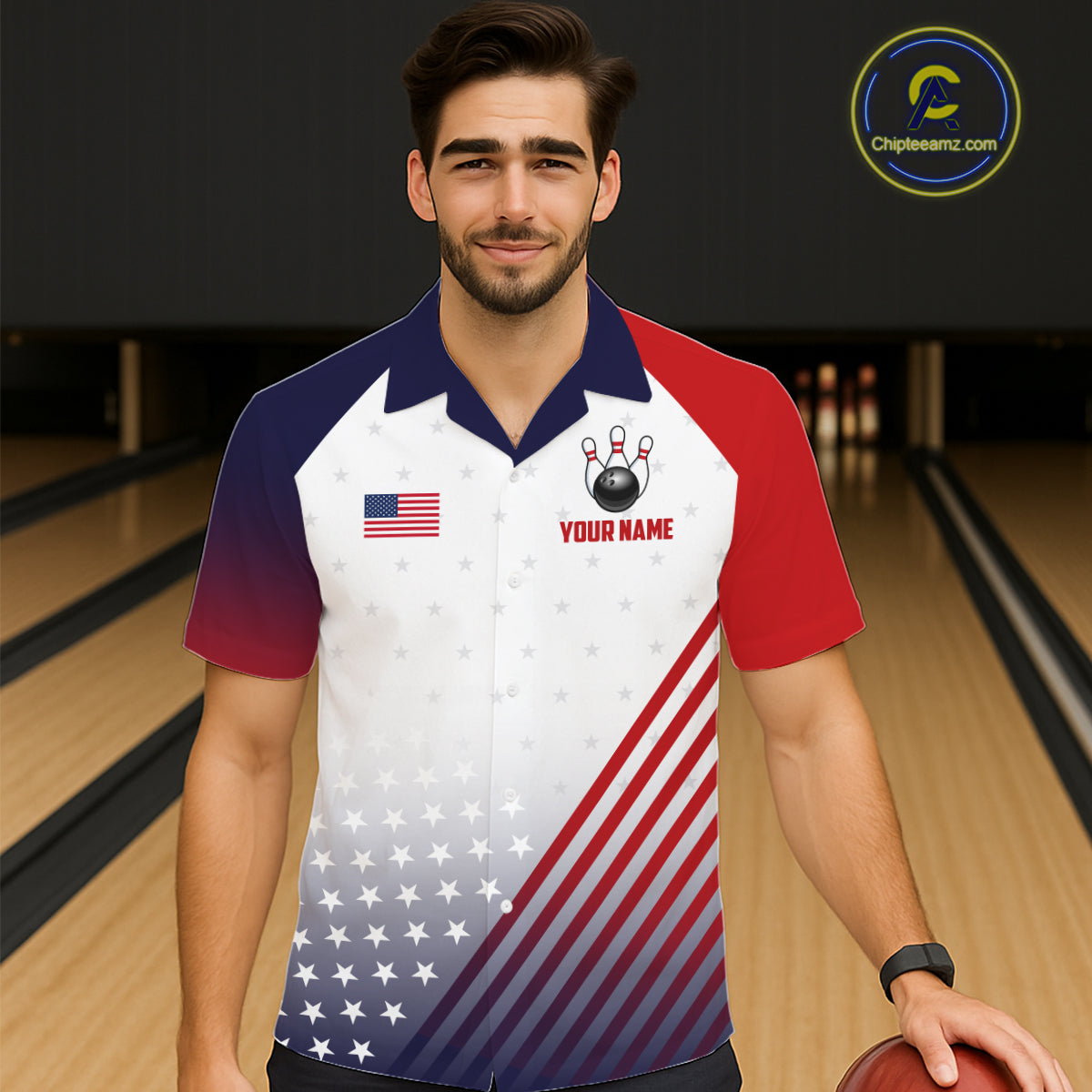 American Flag Hawaiian Bowling Shirt For Men Women Custom Patriotic Bowling Team Jersey |White TDM5971