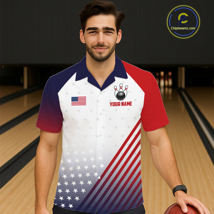 American Flag Hawaiian Bowling Shirt For Men Women Custom Patriotic Bowling Team Jersey |White TDM5971