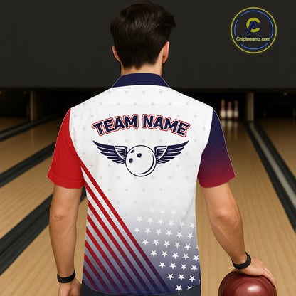 American Flag Hawaiian Bowling Shirt For Men Women Custom Patriotic Bowling Team Jersey |White TDM5971