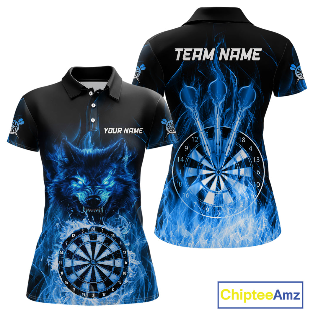 Custom Wolf Dart Shirts For Women – Fire Flame Dartboard Darts Team Jerseys Polo & Quarter Zip |Blue TDM4043