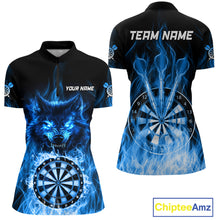 Load image into Gallery viewer, Custom Wolf Dart Shirts For Women – Fire Flame Dartboard Darts Team Jerseys Polo &amp; Quarter Zip |Blue TDM4043