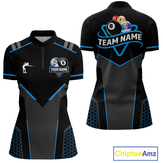 Personalized 8 Ball & 10 Ball Pool Billiard Polo, 1/4 Zip For Women Custom Team Billiard Jersey  TDM4050