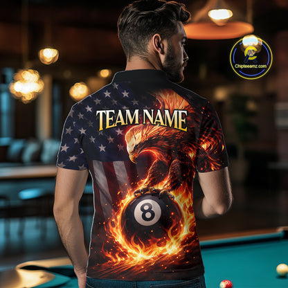American Flag Flame 8 Ball Eagle Billiard Shirt For Men Custom Pool Team Shirt, Billiard Jersey TDM5787