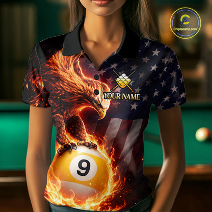 American Flag Flame 9 Ball Eagle Billiard Shirt For Women Custom Pool Team Shirt, Billiard Jersey TDM5788