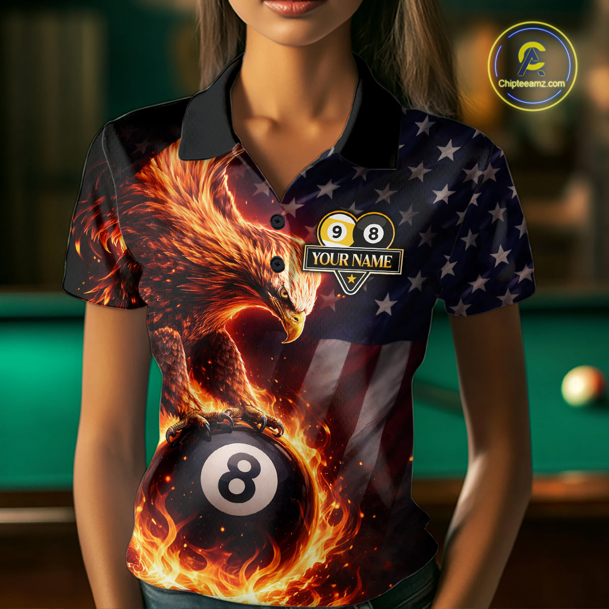 American Flag Flame 8 Ball & 9 Ball Eagle Billiard Shirt For Women Custom Patriotic Pool Team Jersey TDM5789
