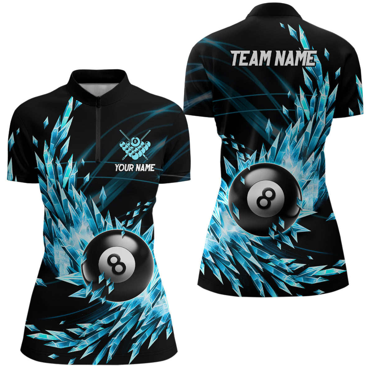3D Blue Frozen Ice Women Billiard Quarter-Zip Shirts Custom 8 Ball Billiard Attire Jerseys  TDM1119