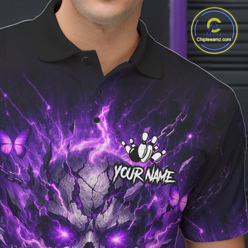 Personalized Purple Butterfly Skull Bowling Shirt For Men Custom Bowling Jersey Polo & 1/4 Zip TDM6383