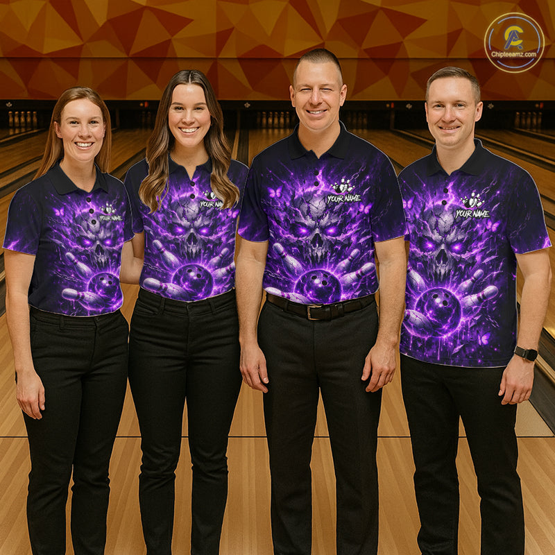 Personalized Purple Butterfly Skull Bowling Shirt For Men Custom Bowling Jersey Polo & 1/4 Zip TDM6383