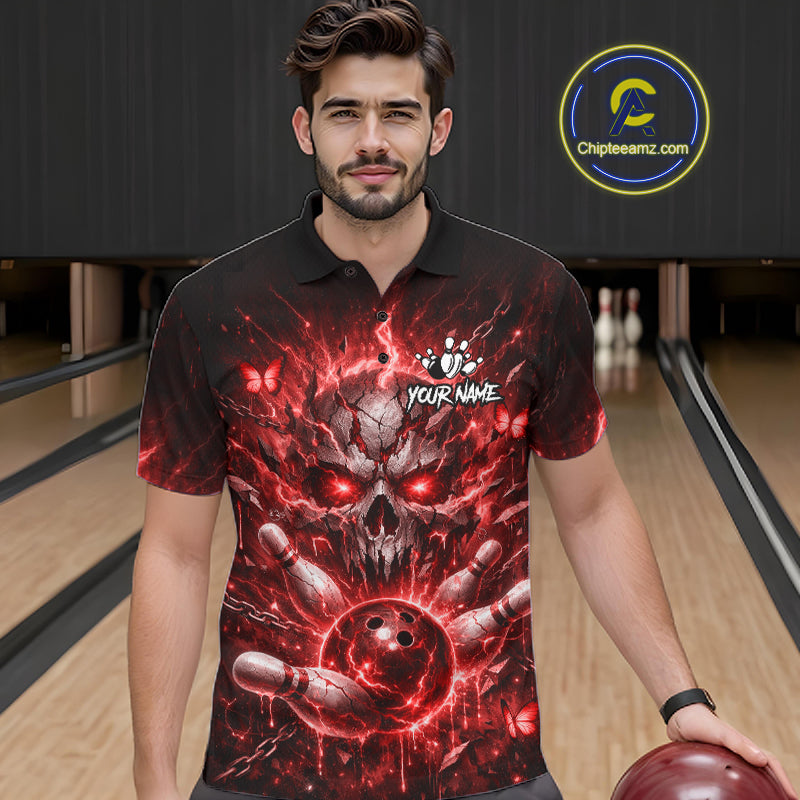Personalized Red Butterfly Skull Bowling Shirt For Men Custom Bowling Jersey Polo & 1/4 Zip TDM6385