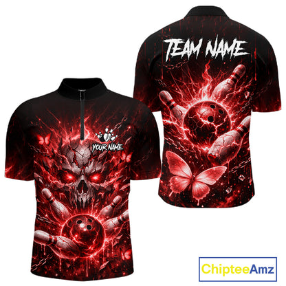 Personalized Red Butterfly Skull Bowling Shirt For Men Custom Bowling Jersey Polo & 1/4 Zip TDM6385