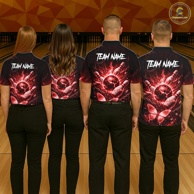 Personalized Red Butterfly Skull Bowling Shirt For Women Custom Bowling Jersey Polo & 1/4 Zip TDM6385
